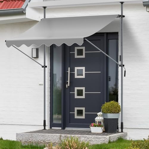 Store Banne Manuel Rétractable，Store pour Balcon sans Trous à percer avec manivelle，Auvent Manuel Rétractable，Résistant aux UV,Réglable en Hauteur,Hydrofuge,Auvent Téléscopique,Gris,250x120CM