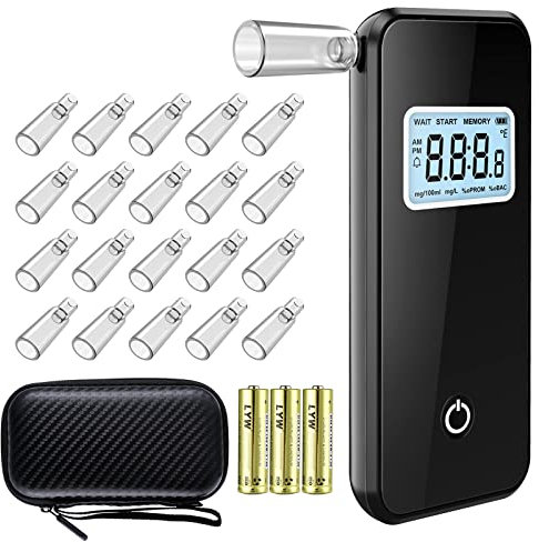 Mayybei Etilometro Professionale, Tester Alcolico Portatile con Display LCD, Include 20 Bocchini e Custodia (Nero)