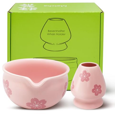Yiomxhi Set de Matcha, 2 Piezas Juego de Té con Cuenco Matcha de Cerámica y Soporte para Batidor, Accesorio de Ceremonia de Matcha Japonés, Rosa