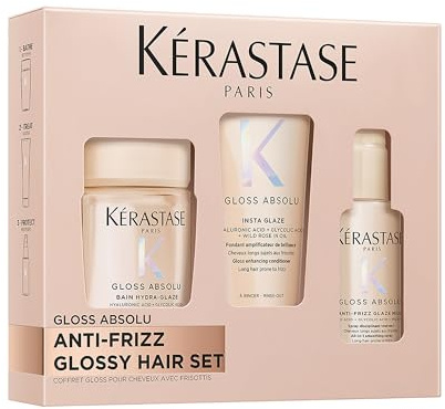 KÉRASTASE Gloss Absolu - Coffret Découverte - Cheveux Longs Sujets aux Frisottis - Acide Hyaluronique, Acide Glycolique et Huile de Rose Sauvage - Shampoing, Après-Shampoing et Spray - Format Voyage