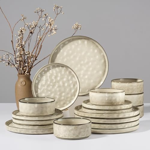 Joyfair Service de table pour 6 personnes, 18 pièces, en faïence, émaillage réactif, avec assiettes plates, assiettes à dessert et bols à céréales, passe au micro-ondes et au lave-vaisselle, désert