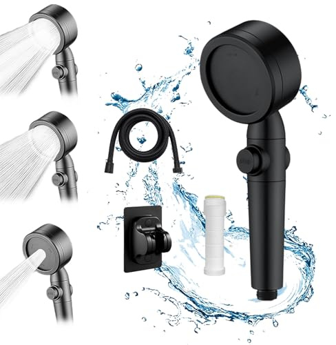 High Pressure Handheld Shower Head Set with Three-Speed Booster, Built-in Filter, 1.5m/2m Shower Hose, Punch-Free Stand, ABS Turbocharged Filtered Showerhead