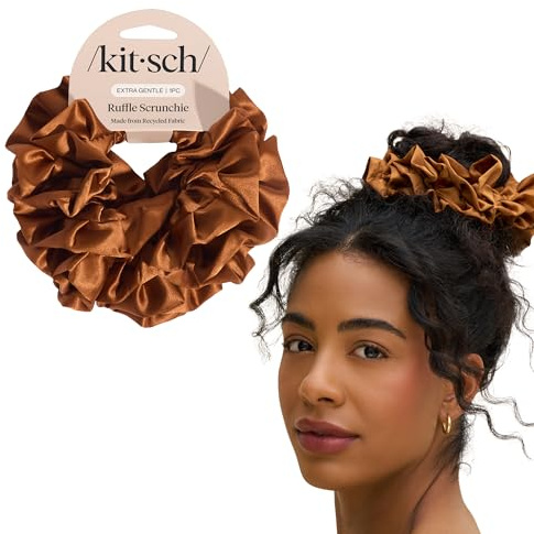 Kitsch Ruffle Satin Scrunchies For Women - Gentle Hair Tie - Camel, 1pc