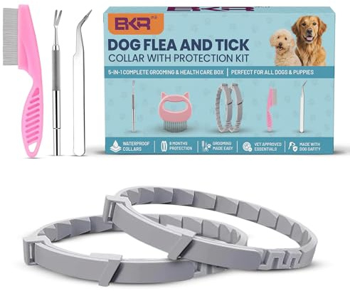BKRMART Dog Flea and Tick Collar 8-Month Protection All Natural Flea Collar for Dogs & Puppies with Flea Comb, Shell Comb, Tick Tweezers & Tick Removal Tool | 5-in-1 Dog Flea Collar & Protection Kit