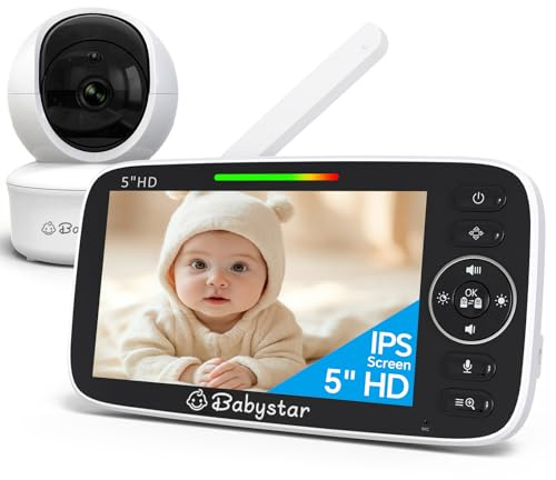 Babystar Camara Vigilancia Bebe 5 720P HD IPS Rotación de 355° Vigilabebes con Camara Batería de 4000 mAh, Sin WiFi, VOX, Audio Bidireccional, 4×Zoom, Sensor de Temperatura y Aviso de Lactancia