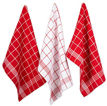 DII Waffle Weave Kitchen Collection 100% Cotton, Machine Washable, Fast Drying and Absorbent, Dishtowel Set, Red 6 Count
