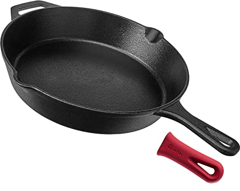 Cast Iron Skillet - 12 Inch / 30.48cm Frying Pan + Silicone Heat-Resistant Handle Cover Holder - Pre-Seasoned Oven Safe Cookware - Indoor and Outdoor Use - Grill, Stovetop, Hob, Induction Safe