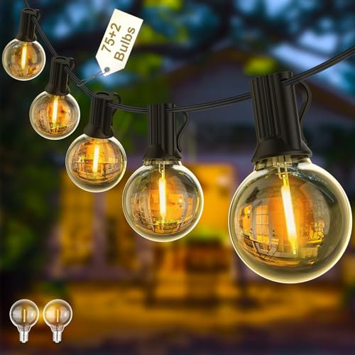 Yuusei Festoon Lights Outdoor 150Ft, LED Outdoor String Lights Mains Powered Waterproof Garden Lights with 75+2 Shatterproof Plastic G40 Bulbs for Party, Patio, Wedding, Party, Terrace