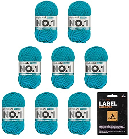 myboshi No.1 Wolle zum Häkeln und Stricken, Schnellstrickgarn, inkl. Label, Strickwolle, Häkelwolle, mulesing-frei, Ll. 55m /50g, 30% Wolle (Merinowolle) Blau (Türkis), 8 Knäuel