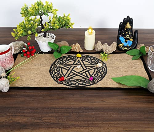 Indian Consigners Altarduk – häxhantverksmaterial, wiccan altarverktyg, tarotspridning – häxa hednisk dekor, häxgåvor – keltisk pentagram – ekologisk säckväv med tygbaksida – 61 cm x 30 cm