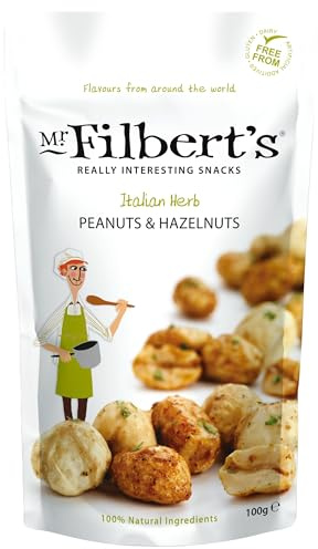 Mr Filbert's Italian Herb Nut Mix with Peanuts and Hazelnuts, Oregano Basil and Garlic Seasoned Snack, Savoury Crunchy Nut Blend, 12 x 100g