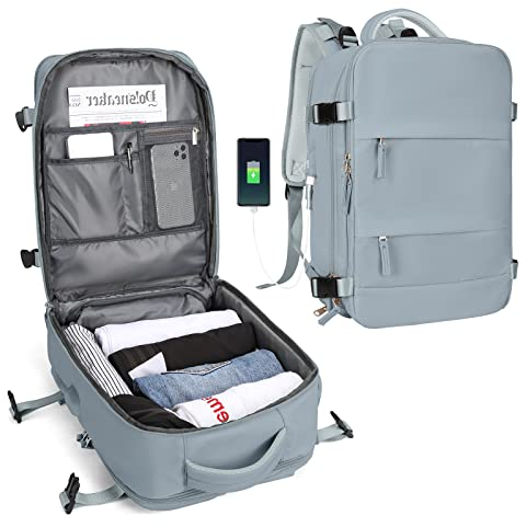 SZLX Großer Reiserucksack Damen, Handgepäck Rucksack,Wanderrucksack Wasserdichter Outdoor-Sportrucksack Lässiger Tagesrucksack Schultasche Fit 14 Zoll Laptop mit Schuhfach und Laptopfach,Pfauenblau