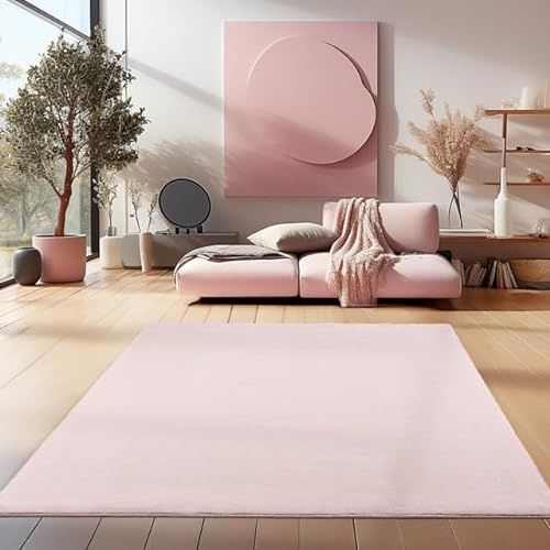 HomebyHome Kurzflor Teppich Wohnzimmer 140 x 200 cm Rosa - Waschbarer Teppich für Schlafzimmer, Esszimmer und Ideal als Küchenteppich - Flauschiger Teppich Extra Weich, Einfarbig, rutschfest, Modern