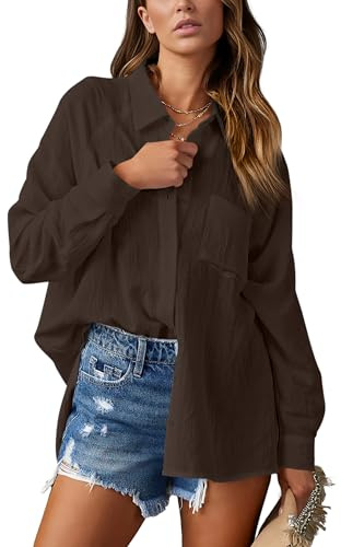 NONSAR Camicetta elegante da donna con scollo a V, a maniche lunghe, casual, con tasca, marrone scuro, S