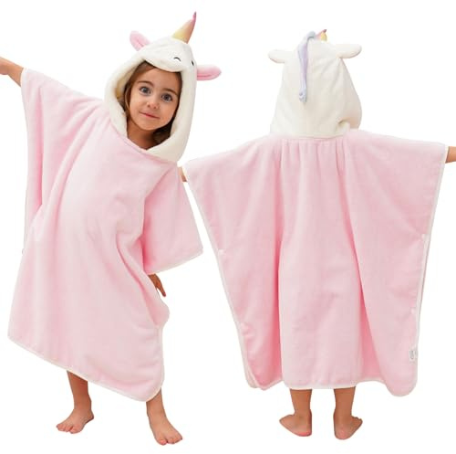 PINNKKU 3D Unicorn Hooded Towel, Ultrasoft & Absorbent Bath Towel for Babies, Infant, Toddler and Kids, Beach Poncho Towels, Gifts for Girl 28 x 55 (Pink)