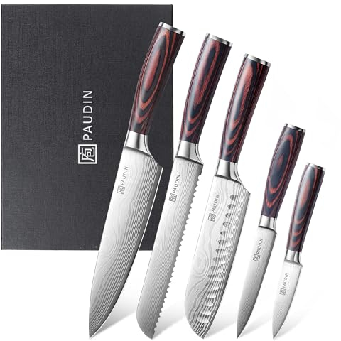 PAUDIN Kitchen Knife Set, High Carbon Stainless Steel Kitchen Knives, 5 Piece Chef Knives Sets with Ergonomic Handle, Japanese Knife Set,Cooking Knives Come with Gift Box