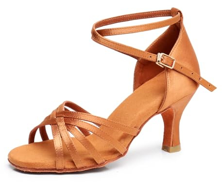 QUNUNOIRE-Scarpe da Ballo Latino Americano/Salsa Ballo/da Sala per Donna in Raso 5cm/7cm Marrone Stile2 39EU