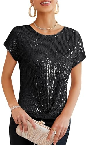 GRACE KARIN Canottiera da donna a maniche corte, scollo rotondo, con paillettes, elegante, lucida, per feste, cocktail