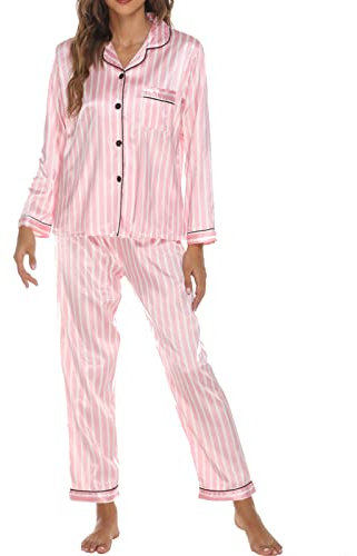 HKYFNNBW Damen-Pyjama-Set aus Satin, langärmelig, Hemd mit Knopfleiste und lockerer elastischer Hose, Nachtwäsche, Loungewear, rosa streifen, S