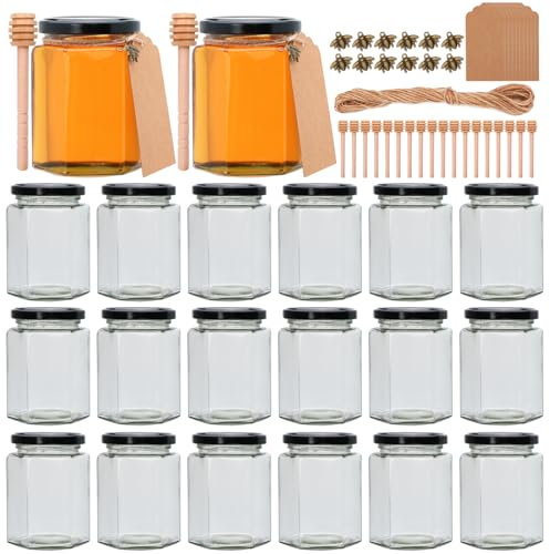 Woaiwo-q 10 oz Honey Jars with Dipper, 20 Pack Hexagon Glass Jars with Black Lids, Wooden Honey Sticks for Baby Shower Favors/Wedding Favors for Guests