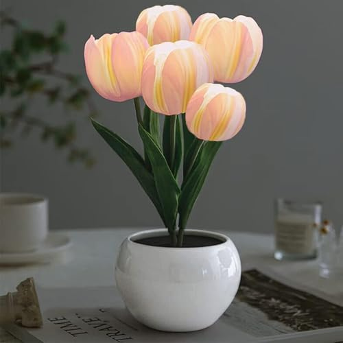 Lampada da tavolo a forma di tulipano, luce notturna a LED per casa, soggiorno, decorazione con vaso e vaso, centrotavola per compleanni, feste, matrimoni, decorazione per la stanza (rosa)