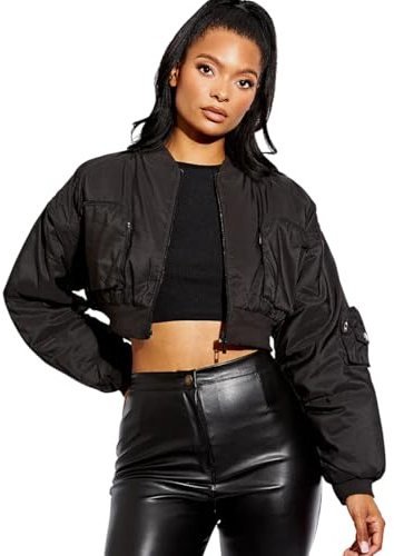 Faozo® Women’s Ruched Sleeve Cropped Bomber Jacket, Ladies Trendy Zip-Up Short Coat with Functional Utility Pockets, Stylish Lightweight Outerwear Jackets (Black, XS)