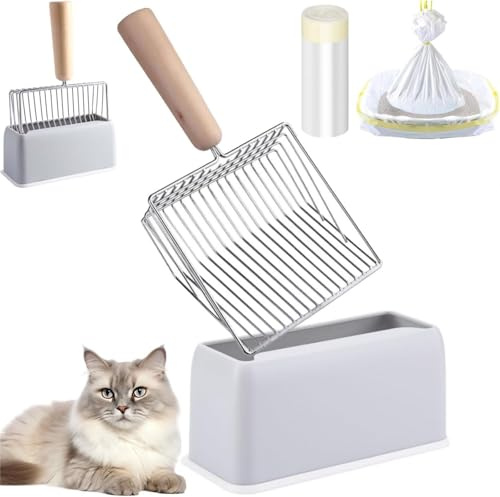 POHOVE Stainless Steel Cat Litter Scoop with Base, Fast Sifting Kitty Litter Scooper, Non-Stick litter tray scoop, Heavy Duty and Easy Clean