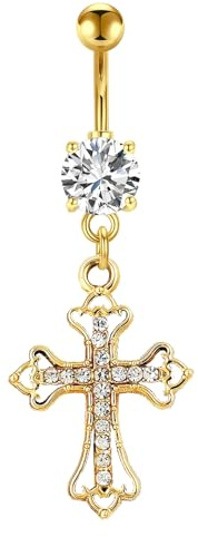 VERAMI 14G 316L Cross Belly Button Ring Surgical Steel Paved Gems Dangling Belly Button Ring Body Piercing Jewelry