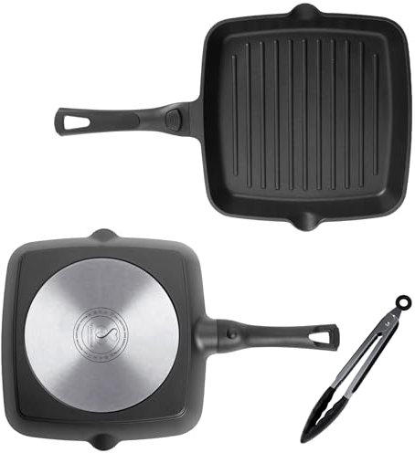 Stone&Stone Non-Stick Grill Pan 28 cm | Square Grill Plate with Removable Handle | 100% Steel Induction Base | Oven and Gas | German Greblon C3+ Coating | 1 Tongs Included