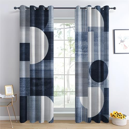 Luxfieo Rideau Occultant Géométrique - Décoration Géométrique, Rideau Thermique Motif Bleu et Gris Moderne, Lot de 2 Rideaux Opaque à Oeillets pour Fenetre Chambre Salon, 117x183 cm (LxH) U#93