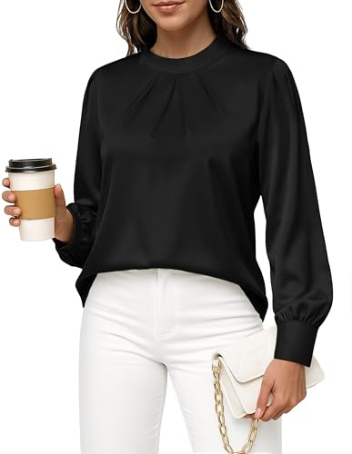 Belle Poque Women's Black Dressy Tops for Women Long Sleeve Pleated Tops Blouse Satin Silk Shirts Business Casual XXL