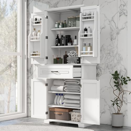72 Tall Bathroom Cabinet with Multi-Functional Storage Organizer Door Rack, Kitchen Pantry Cupboard with Drawer and Adjustable Shelf for Home/Living Room/Office, White