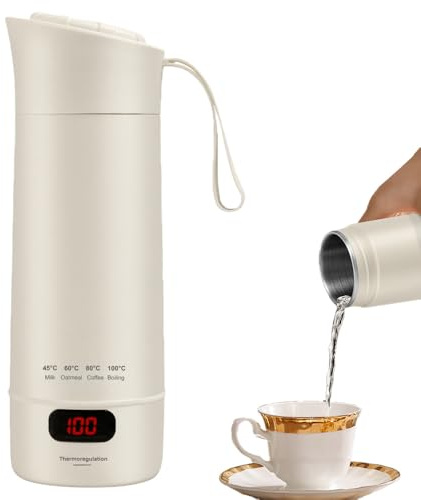 SKIKHN Bollitore da Viaggio Piccolo,400 ml Mini Tazza d'acqua Portatile in Acciaio Inox con 4 livelli di Temperatura,con Spegnimento Automatico,304 in Acciaio Inox,per Tè Latte Caffè