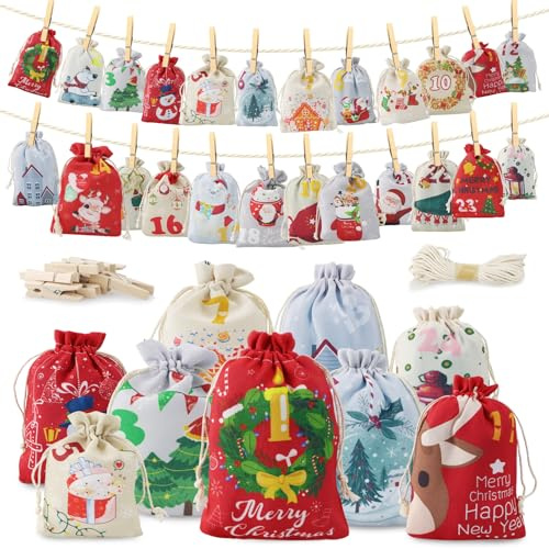 WLHFDC Calendario Avvento Fai da Te Stoffa 2025,24 Sacchetti Calendario Avvento Vuoto da Riempire 2 Taglie con Corda di Canapa,Clip,Adventskalender Säckchen Appendere per Bambini e Adulti e Natale