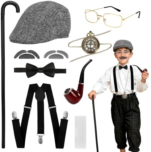 Costume da Vecchio per Bambini Costume da Nonno di Halloween Travestimento Carnival Bambino Cappello Bastone da Passeggio Bretelle Papillon Orologio da Taschino Occhiali Baffi Accessori per Cosplay
