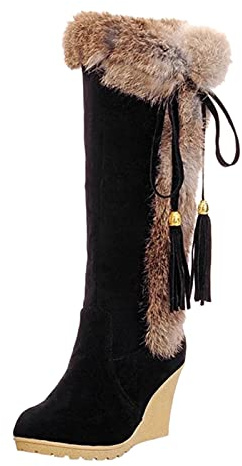 Générique Bottes Femme Hiver Hautes à Fourrure Douce, Bottes Talon Compensé en Daim avec Lacets et Franges, Chaussures de Femme Chaudes et Élégantes pour L'Hiver et l'Automne