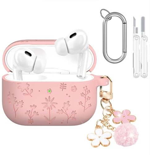Silikonskal kompatibelt med AirPods Pro 3, mjukt stötsäkert fodral med graverade blommor och körsbärsblomnyckelring, rosa design för trådlösa hörlurar, för kvinnor och flickor