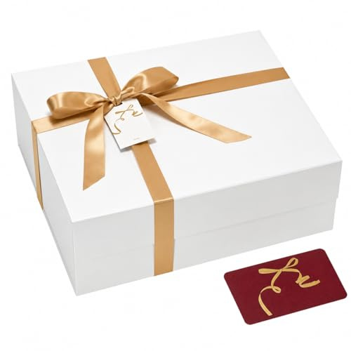 BloomWrap White Gift Box with Lid 29 x 25 x 11 cm, Shimmer Finish Magnetic Closure Foldable Present Box with Ribbon, Card & Gift Tag