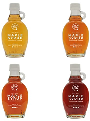 MapleFarm - Puro sciroppo d'acero. Pack degustazione 4 bottiglie da 189 ml (250 g) nelle varianti: GOLD - AMBER - DARK - VERY DARK - Pure maple syrup - succo d'acero