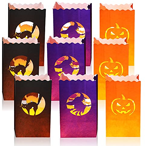 Outus 24 Pieces Halloween Luminary Paper Bags Halloween Luminary Bags Flame Resistant Candle Bag 10.2 x 5.9 Inch Halloween Candle Holder Bag with Cat Pattern Witch Luminary Paper Bag for Halloween
