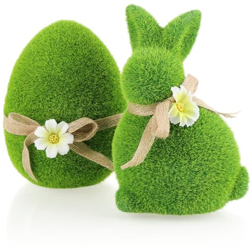 com-four® 2X Figurines décoratives Lapin et œuf avec nœud et Fleurs, Figurines en céramique Verte avec Herbe Artificielle pour Printemps et Pâques (2 œufs de Lapin de 17/15 cm)