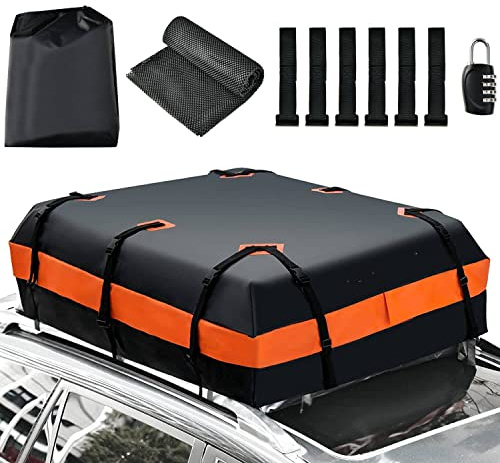 COSTWAY 15/21 Cubic Feet Car Roof Bag, 100% Waterproof Roofing Cargo Carrier with Anti-Slip Mat, Combination Lock & Straps, Rooftop Luggage Storage Box (Black+Orange, 15 Cubic Ft/414L)