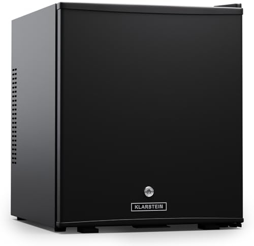 KLARSTEIN fridge, mini fridge with glass door, 44L mini fridge for drinks & snacks, fridge small & quiet, adjustable shelves, lock, changeable door hinge, height-adjustable feet