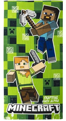 Toalla Infantil de Minecraft - Color Verde - 70x140cm - Elaborada con 100% Poliéster de 240 gsm - Toalla Pequeña - Estampado de Personajes de Minecraft - Producto Original Diseñado en España