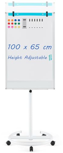 COSTWAY Flip Chart Mobile Whiteboard, 100x65cm Height Adjustable Dry Erase Board with Stand, Paper Clips, Magnets, Markers and Eraser, Standing Magnetic Whiteboard for Home Office School (White)
