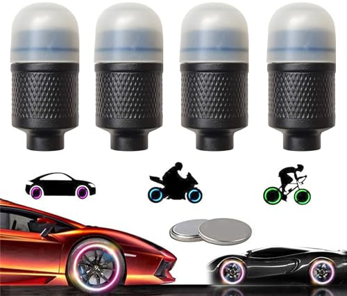 YUERWOVER 4 Pack LED Bike Wheel Lights Car Tire Valve Stems Caps Bicycle Motorcycle Waterproof Tyre Spoke Flash Lights Cool Reflector Accessories for Kids Men Women with 6 Extra Batteries(Colorful)
