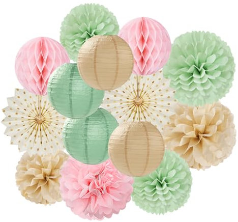 Sage-Green Pink-Champagne Party-Decorations Streamers Lanterns - 14pcs Neutral Baby Shower Paper Fan,Tissue Pom Poms,Honeycomb Balls,Boho Wedding Engagement Bachelorette Birthday Bridal Decor Ouruola