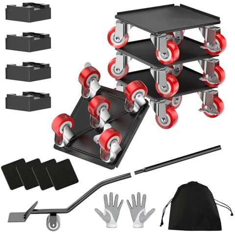 LOYAL TIGER 1500LBS Heavy Duty Furniture Dolly Movers Set with Lifter, 5-Wheel Carbon Steel Moving Rollers with Locking Casters for Refrigerator, Washer, Sofa & Cabinet(5.4 Inch, Red)
