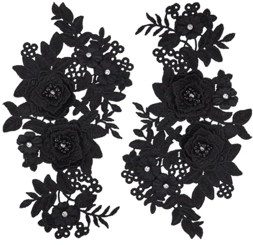 GORGECRAFT 2 pezzo 3D Fiore Applique In Pizzo Strass Perline Ricamato Toppa Da Cucire/Termoadesiva Toppa Nera con Motivo Floreale per Colletto In Stoffa per Matrimonio Abito Da Sposa Abbigliamento