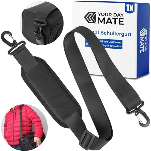 Universal Schultergurt, 1 Pack, in Schwarz, mit Karabinern, 38 mm Gurtbreite, 90 bis 160 cm Längen-einstellbar, Schulterpolster, Plastik Leiter Schnalle, Taschen Haken, Ersatz Schulterriemen Gurt Band